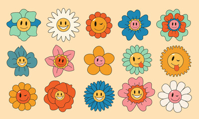 Floral cartoon characters. Set of stickers in trendy retro style. Isolated vector illustration. Hippie style 60s, 70s.Funny daisy with eyes and smile.