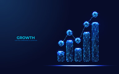 Poster - Polygonal growing bar graph in technology blue on a dark blue background. Abstract digital growth concept. Low poly wireframe bar chart. Vector illustration