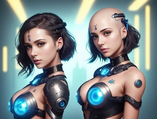 Two women in futuristic outfits with glowing blue eyes and body piercings, with a blue background, cyberpunk style. Generative AI