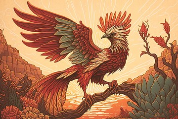 Aufkleber - An Unremitting Tale of Perseverance Through an Astonishing Vintage Illustration Depicting A Timeless Phoenix Generative AI