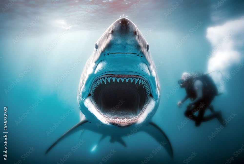 Scared Shark Ilustración de Stock scared shocked diver and an adult great shark with ...
