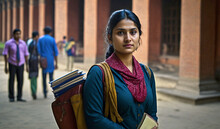 Young Woman 20 Years, Indian Or Indonesian Or Turkish Woman With Schoolbag And Books, Standing In Front Of A University In Daylight, Fictitious Person And Place. Generative AI