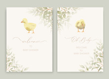 Cute Baby Shower Watercolor Invitation Card For Baby And Kids New Born Celebration. Little Ducklings With Green Leaves.