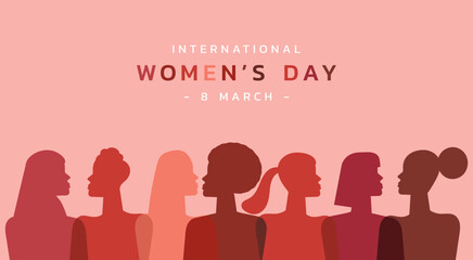 Wall Mural - female diverse faces in silhouette banner. International women's day and the feminist movement. March 8 for independence, freedom, empowerment, and activism for woman right, vector flat illustration