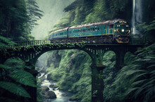 Choo Choo A Spectacular View Of The Rainforest From A Train Rides Over A Bridge. Generative AI