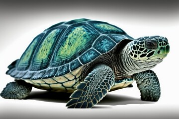 Poster - photograph of a single green turtle against a white background. generative ai