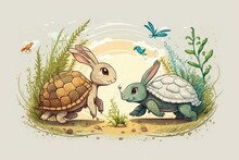 The Old Fable About The Turtle And The Hare. Tortoise And Hare. Contrasting Species A Rabbit And A Tortoise. Generative AI