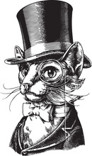 Vector Illustration Cat Gentleman Mug In Engraving Style