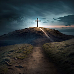 cross on the hill, the path leading to god, happy easter. christian symbol of faith, generative ai