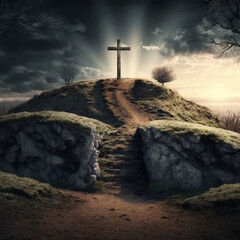 Wall Mural - cross on the hill, the path leading to God, Happy easter. Christian symbol of faith, generative ai