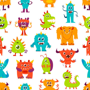 Cartoon funny monster characters seamless pattern. Halloween background of vector aliens, cute animals and insects. Color fluffy monster, happy beast, little bacteria and virus personages backdrop