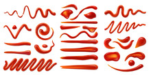 Ketchup sauce stains and splashes. Barbeque cooking, hot chili pepper or BBQ tomato ketchup sauce or spicy gravy paste realistic vector smear, isolated smudge, red condiment texture strokes set