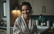 young adult woman in bathrobe in the kitchen of her home with a window with natural light, waiting or relaxing on vacation or free time like a sunday, smiling and happy. Generative AI
