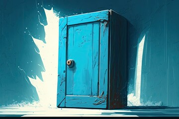 Poster - origins in the arts. a blue wooden door, which seems old, is stored in the box. adjust to a new weat