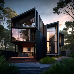 modern nested house with glass facade, generative ai