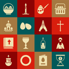 Wall Mural - Set Christian chalice, Jesus, cross, Easter egg and paint brush, eggs, cake, Basket with easter and Hands praying position icon. Vector