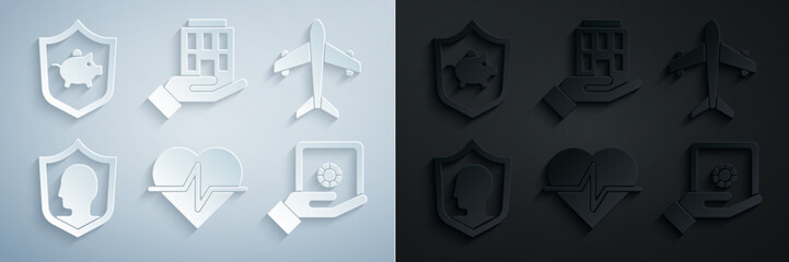 Sticker - Set Life insurance, Plane, with shield, Safe hand, House and Piggy bank icon. Vector