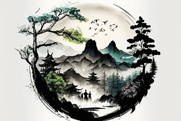 Wall Mural - Young trees, sakura blossoms, and distant blue mountains characterize this Oriental environment. Sumi e, u sin, and go hua are all types of classical oriental ink painting. Happiness as a hieroglyph