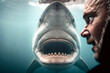 scared shocked diver and an adult great shark with a large mouth and many sharp teeth underwater, swimming on the hunt, fictional place and shark species. Generative AI