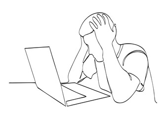 Fototapete - One line drawing of a man working with a laptop at the table. Tired person man work on laptop. Trendy one line draw design graphic vector illustration.