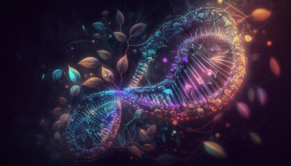 Wall Mural - Shiny DNA medicine blockchain metaverse nft crypto Datastream flow background wallpaper created with generative ai technology