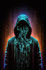 Anonymous hacker with hood with programming codes and symbols. Generative AI