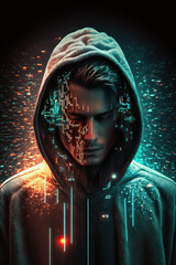 Man hacker with hood with programming codes and symbols. Generative AI