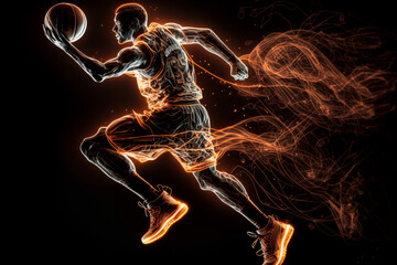 Wall Mural - Basketball player with bright glowing abstract lines. Generative ai