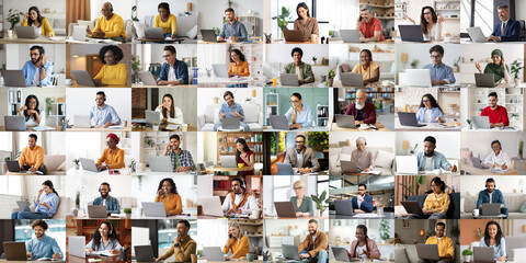 Poster - Collage for modern technologies in business concept, people using laptop