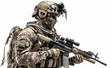 © wetzkaz - Army soldier in Protective Combat Uniform holding Special Operations Forces Combat Assault Rifle, fictional person and military. Generative AI