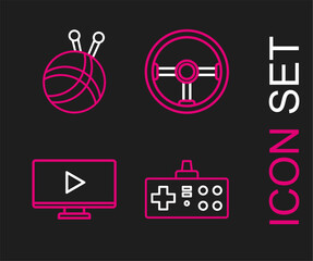 Poster - Set line Gamepad, Online play video, Steering wheel and Yarn ball with knitting needles icon. Vector