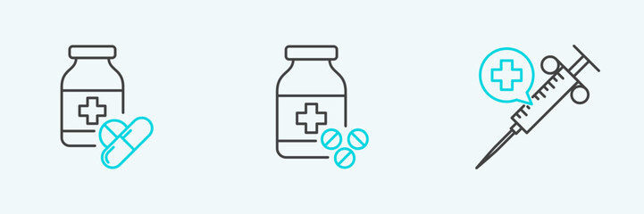 Sticker - Set line Medical syringe with needle, Medicine bottle and pills and  icon. Vector