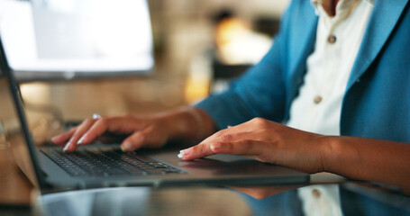 Aufkleber - Laptop, hands and business woman in office for typing, email or planning with screen display and mockup. Website, design and female designer working on creative, idea nd branding research with space