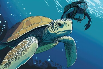 Wall Mural - The diver was swimming alongside a sea turtle. Snub nosed turtle in the deep blue sea staring intently at the camera. The shell is bright and beautiful, and it has facial features like a mouth and eye