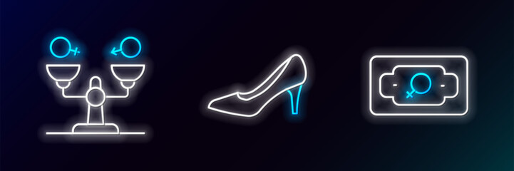 Sticker - Set line Money growth woman, Gender equality and Woman shoe icon. Glowing neon. Vector