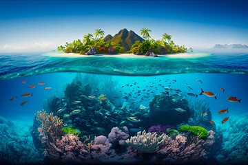 Wall Mural - Tropical Island And Coral Reef, split view with waterline. Generative AI