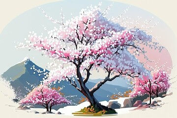 Poster - Wintertime blossoming of the wild Himalayan cherry, Prunus cerasoides, in Thailand's Royal Agricultural Station Angkhang. Generative AI