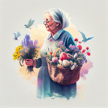 Adult Woman With Basket, Flowers And Easter Eggs, Watercolor Style, AI Generated