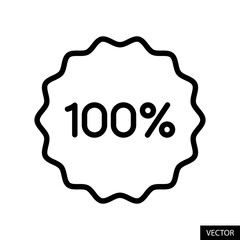 100% tag, badge, sticker, label vector icon in line style design for website, app, UI, isolated on white background. Editable stroke. Vector illustration.