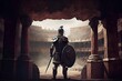 A Cinematic Perspective: An Antique Gladiator Readying for Battle at the Amphitheatre of Ancient Rome. Generative AI