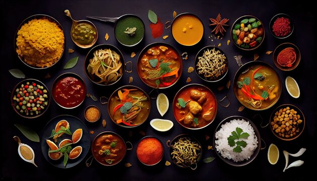 traditional indian curry feast: assorted asian dishes for a delicious meal: generative ai