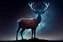 Aesthetic Heavenly Deer At Universe Full Of Stars On Black Background. 
Digitally Generated AI Image