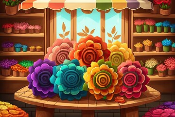 Canvas Print - The flower shop's stand or wooden table was covered in a rainbow of hues. Showcase. Blended floral background. Lovely blooms, perfect for a catalog or web shop. The idea of a flower shop that also del