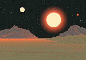 Wall Mural - Retro futuristic landscape with mountains and sun in deep space. 80s styled synthwve landscape with sunrise over alien planet.