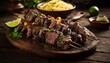 Brazilian-style meat skewers with side dishes such as: farofa, lemon, onion, peppers, cassava. on wooden table. generative ai