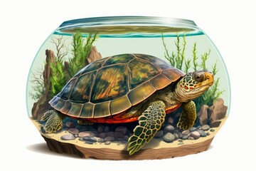 Sticker - Snapshot of a pet turtle. An aquarium with a domesticated red eared turtle. An adult male red eared slider turtle may be seen swimming with his head above water in an aquarium. Generative AI