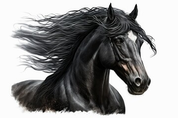 Sticker - portrait of a black stallion in motion, showcasing his flowing mane, against a white background. gen