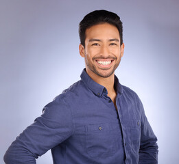 Aufkleber - Business man, proud smile and portrait of a corporate manager from Thailand in a studio. Isolated, blue background and happiness of Asian businessman and entrepreneur ready as a professional