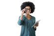 © muse studio - A smiling woman with glasses and curly hair using a tablet, transparent background, isolated png.and