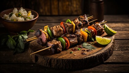 Brazilian-style meat skewers with side dishes such as: farofa, lemon, onion, peppers, cassava. on wooden table. generative ai